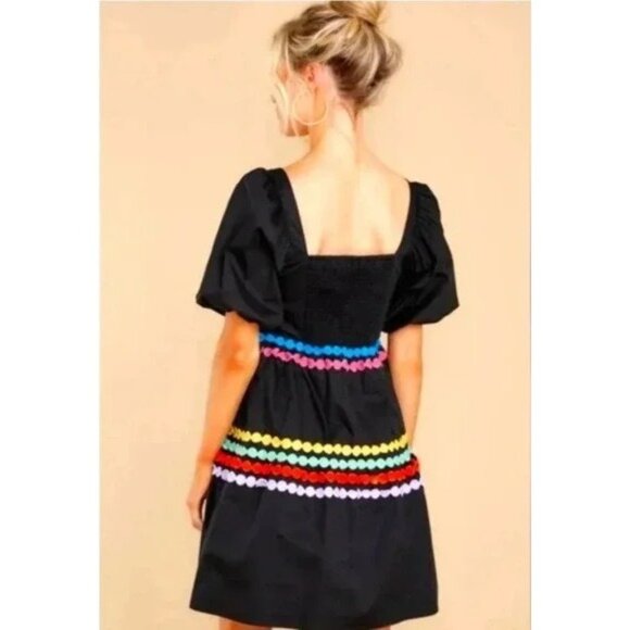 Crosby by Mollie Burch Saylor Black Rainbow Embroidered Puff Square Neck Dress S - Picture 2 of 9